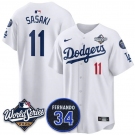 Men's Los Angeles Dodgers #11 Rōki Sasaki White 2025 World Series With No. 34 Patch Limited Stitched Jersey