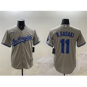 Mens Los Angeles Dodgers #11 Roki Sasaki Gray Cool Base Stitched Baseball Jersey