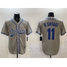 Men's Los Angeles Dodgers #11 Roki Sasaki Gray With Patch Cool Base Stitched Baseball Jersey