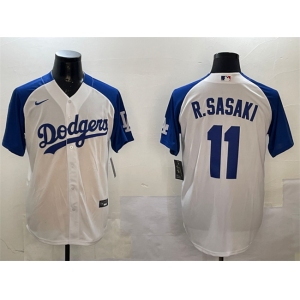 Men's Los Angeles Dodgers #11 Roki Sasaki White Blue Cool Base Stitched Baseball Jersey