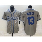 Men's Los Angeles Dodgers #13 Max Muncy Grey With Patch Cool Base Stitched Baseball Jersey1