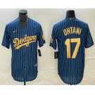 Men's Los Angeles Dodgers #17 Shohei Ohtani Blue Gold Pinstripe Cool Base Stitched Baseball Jersey