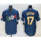 Men's Los Angeles Dodgers #17 Shohei Ohtani Mexico Blue Gold Pinstripe Cool Base Stitched Jersey