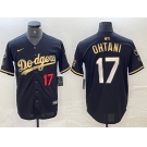 Mens Los Angeles Dodgers #17 Shohei Ohtani Number Black Gold Stitched Cool Base Nike Jersey