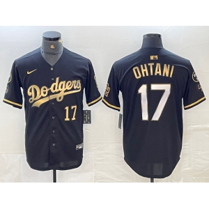 Men's Los Angeles Dodgers #17 Shohei Ohtani Number Black Gold Stitched Cool Base Nike Jersey