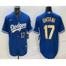 Men's Los Angeles Dodgers #17 Shohei Ohtani Number Blue Gold Stitched Cool Base Nike Jersey