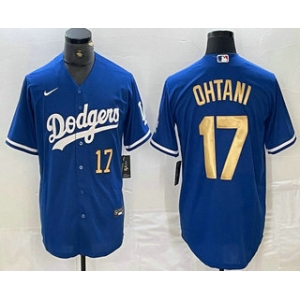 Men's Los Angeles Dodgers #17 Shohei Ohtani Number Blue Gold Stitched Cool Base Nike Jersey