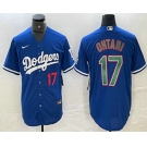 Men's Los Angeles Dodgers #17 Shohei Ohtani Number Blue Green Stitched Cool Base Nike Jersey