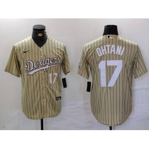 Men's Los Angeles Dodgers #17 Shohei Ohtani Number Cream Pinstripe Cool Base Stitched Jersey