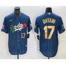 Men's Los Angeles Dodgers #17 Shohei Ohtani Number Mexico Blue Gold Pinstripe Cool Base Stitched Jersey