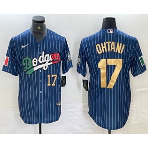 Men's Los Angeles Dodgers #17 Shohei Ohtani Number Mexico Blue Gold Pinstripe Cool Base Stitched Jersey