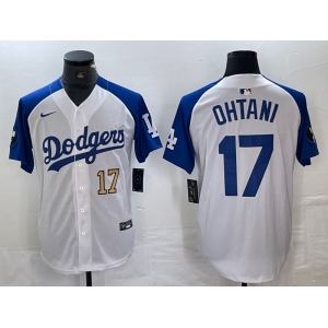 Mens Los Angeles Dodgers #17 Shohei Ohtani Number White Blue Fashion Stitched Cool Base Limited Jersey