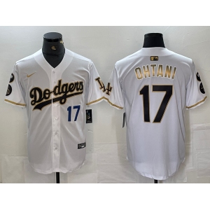 Mens Los Angeles Dodgers #17 Shohei Ohtani Number White Gold Fashion Stitched Cool Base Limited Jersey