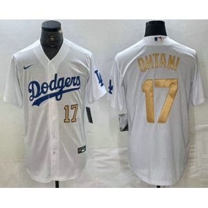 Men's Los Angeles Dodgers #17 Shohei Ohtani Number White Gold Stitched Cool Base Nike Jerseys