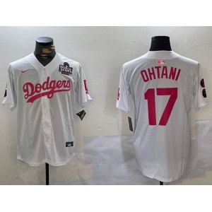 Men's Los Angeles Dodgers #17 Shohei Ohtani Number White Pink 2024 World Series Limited Cool Base Stitched Jerseys
