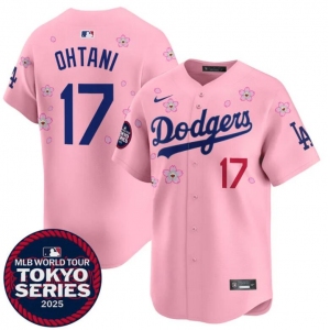 Men's Los Angeles Dodgers #17 Shohei Ohtani Pink 2025 Tokyo Series Limited Stitched Baseball Jersey
