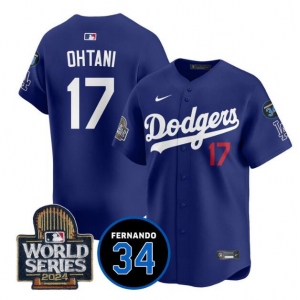 Men's Los Angeles Dodgers #17 Shohei Ohtani Royal 2024 World Series With Fernando Memorial Patch Limited Stitched Baseball Jersey
