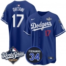 Men's Los Angeles Dodgers #17 Shohei Ohtani Royal 2025 World Series With No.34 Patch Limited Stitched Baseball Jersey