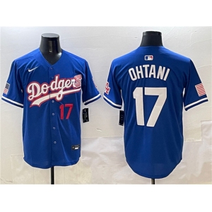 Men's Los Angeles Dodgers #17 Shohei Ohtani Royal With American Flag Patch Limited Stitched Baseball Jersey