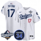 Men's Los Angeles Dodgers #17 Shohei Ohtani White 2025 World Series With No. 34 Patch Limited Stitched Jersey