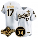 Men's Los Angeles Dodgers #17 Shohei Ohtani White Gold 2025 World Series With No.34 Patch Limited Stitched Baseball Jersey