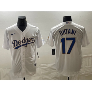 Men's Los Angeles Dodgers #17 Shohei Ohtani White Gold Cool Base With Patch Stitched Baseball Jersey