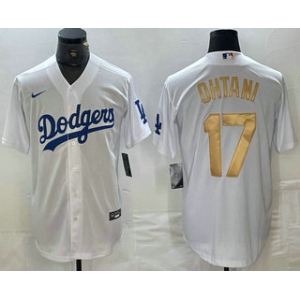 Men's Los Angeles Dodgers #17 Shohei Ohtani White Gold Stitched Cool Base Nike Jerseys