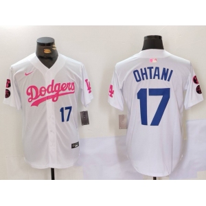 Men's Los Angeles Dodgers #17 Shohei Ohtani White Pink Vin & Kobe Patch Stitched Baseball Jersey1