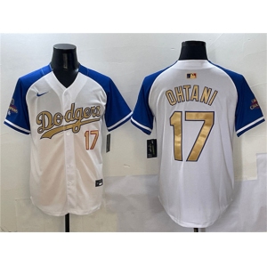 Men's Los Angeles Dodgers #17 Shohei Ohtani White Royal Gold 2024 World Series Champions Vapor Limited Stitched Baseball Jersey