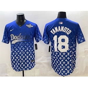 Men's Los Angeles Dodgers #18 Yoshinobu Yamamoto Blue 2025 World Series Patch Limited Stitched Baseball Jersey