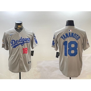 Men's Los Angeles Dodgers #18 Yoshinobu Yamamoto Grey 2024 World Series With Fernando Memorial Patch Limited Stitched Baseball Jersey
