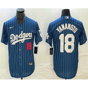 Men's Los Angeles Dodgers #18 Yoshinobu Yamamoto Number Blue Pinstripe Cool Base Stitched Baseball Jersey1