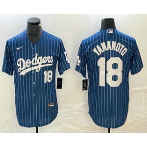 Men's Los Angeles Dodgers #18 Yoshinobu Yamamoto Number Blue Pinstripe Cool Base Stitched Baseball Jersey