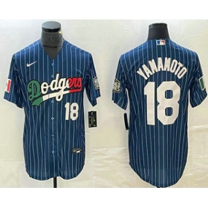 Men's Los Angeles Dodgers #18 Yoshinobu Yamamoto Number Navy Blue Pinstripe Mexico 2020 World Series Cool Base Nike Jersey