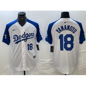 Mens Los Angeles Dodgers #18 Yoshinobu Yamamoto Number White Blue Fashion Stitched Cool Base Limited Jersey