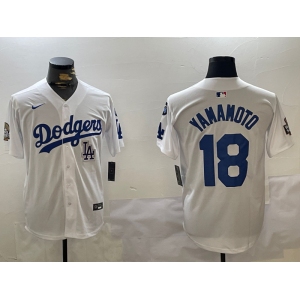 Mens Los Angeles Dodgers #18 Yoshinobu Yamamoto White 2024 World Series With Fernando Memorial Patch Home Limited Stitched Baseball Jersey