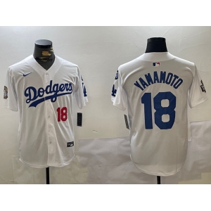 Men's Los Angeles Dodgers #18 Yoshinobu Yamamoto White 2024 World Series With Fernando Memorial Patch Home Limited Stitched Baseball Jerseys