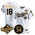 Men's Los Angeles Dodgers #18 Yoshinobu Yamamoto White Gold 2025 World Series With No.34 Patch Limited Stitched Baseball Jersey