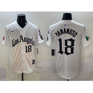 Men's Los Angeles Dodgers #18 Yoshinobu Yamamoto White Mexico 2025 LA Gothic Style With Fernando Patch Vapor Premier Limited Stitched Baseball Jersey