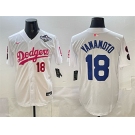 Men's Los Angeles Dodgers #18 Yoshinobu Yamamoto White Pink 2025 World Series Vin & Kobe Patch Limited Stitched Baseball Jersey