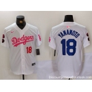 Men's Los Angeles Dodgers #18 Yoshinobu Yamamoto White Pink Vin & Kobe Patch Stitched Baseball Jersey1