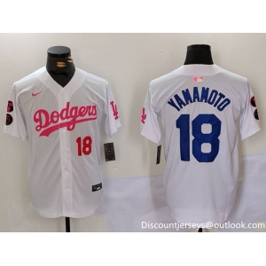 Men's Los Angeles Dodgers #18 Yoshinobu Yamamoto White Pink Vin & Kobe Patch Stitched Baseball Jersey1