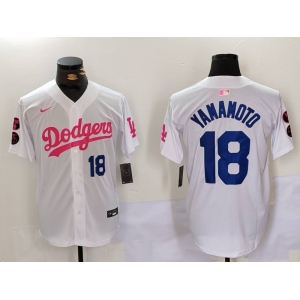 Men's Los Angeles Dodgers #18 Yoshinobu Yamamoto White Pink Vin & Kobe Patch Stitched Baseball Jerseys