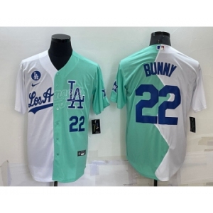 Mens Los Angeles Dodgers #22 Bad Bunny White Green 2022 All Star Cool Base Stitched Baseball Jersey