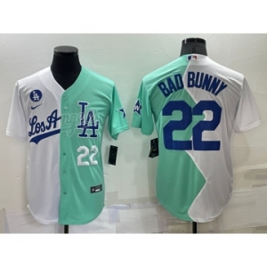 Men's Los Angeles Dodgers #22 Bad Bunny White Green Number 2022 Celebrity Softball Game Cool Base Jersey 1