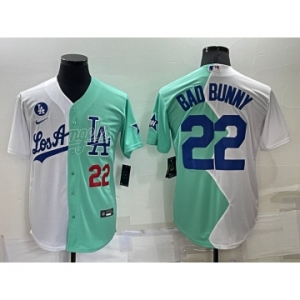 Mens Los Angeles Dodgers #22 Bad Bunny White Green Number 2022 Celebrity Softball Game Cool Base Jersey