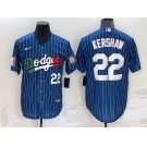 Mens Los Angeles Dodgers #22 Clayton Kershaw Number Navy Blue Pinstripe 2020 World Series Cool Base Nike Jersey