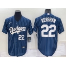 Men's Los Angeles Dodgers #22 Clayton Kershaw Number Navy Blue Pinstripe Stitched MLB Cool Base Nike Jersey