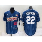 Men's Los Angeles Dodgers #22 Clayton Kershaw Number Rainbow Blue Red Pinstripe Mexico Cool Base Nike Jersey