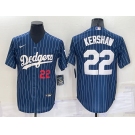 Men's Los Angeles Dodgers #22 Clayton Kershaw Number Red Navy Blue Pinstripe Stitched MLB Cool Base Nike Jersey